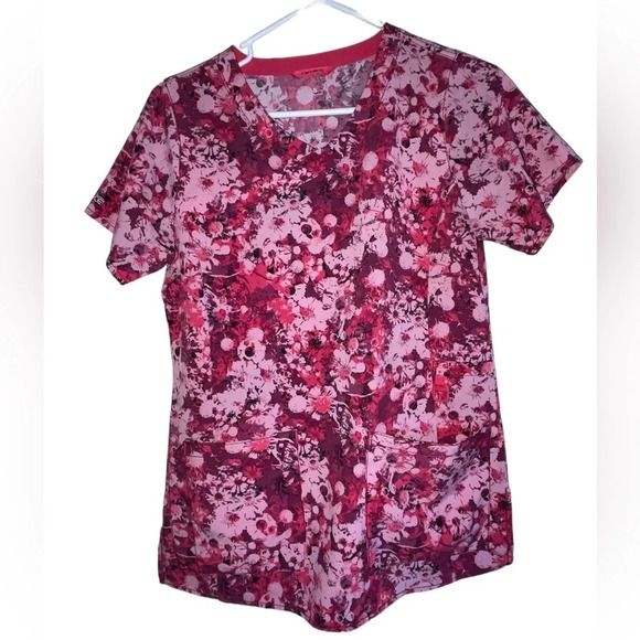 Carhartt Force Modern Fit Pink Floral Print V Neck Scrub Top Women’s Size Small - Picture 1 of 9